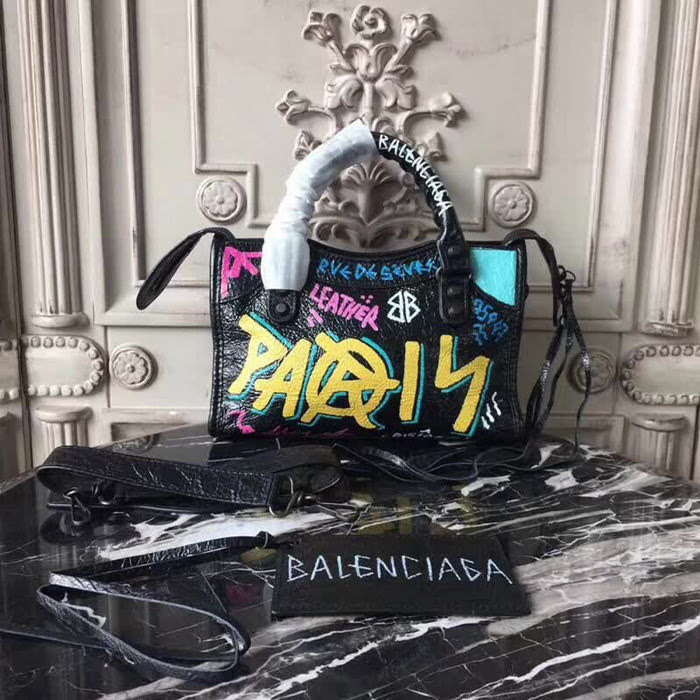 BALENCIAG巴黎世家 Graffiti Classic City 23cm機車包 義大利爆裂紋羊皮 手提肩背斜挎包  BL1465